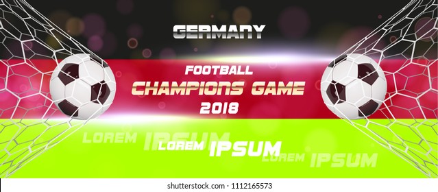 Soccer or Football wide Banner With 3d Ball on flag of germany background. Germany football game match goal moment with realistic ball in the net and place for text.