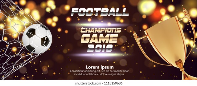 Soccer or Football wide Banner With 3d Ball on sparkling golden background. Soccer game match fire goal moment with ball in the net, golden trophy and place for text on dark background.
