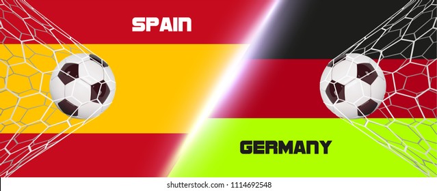 Soccer or Football wide Banner With 3d Ball on flag of Germany vs Spain background. Football game match goal moment with realistic ball in the net on flags background and place for text.