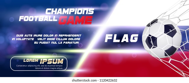 Soccer or Football wide banner with 3d Ball on flag background. Football flyer or poster design of game match goal moment with realistic ball in the net.