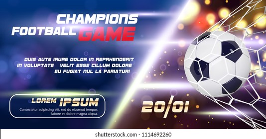 Soccer or Football wide Banner or flyer design with 3d ball on golden blue background. Football game layout template match goal moment with realistic ball in the net and place for text.