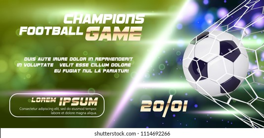 Soccer or Football wide Banner or flyer design with 3d ball on golden blue background. Football game match goal moment with realistic ball in the net and place for text.