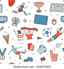 Soccer football world championship player game match soccer fans thin line outline icons seamless background pattern. Vector illustration doodles in linear simple style. White, blue, red colours