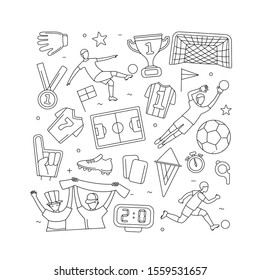 Soccer football world championship player game match soccer fans thin line outline icons square shape background. Vector illustration doodles in linear simple style. White, black colours