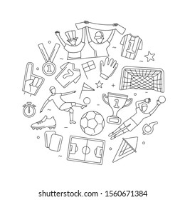 Soccer football world championship player game match soccer fans thin line outline icons round circle shape background. Vector illustration doodles in linear simple style. White, black colours