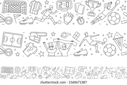 Soccer football world championship player game match soccer fans thin line icons seamless background frame border pattern. Vector illustration doodles in linear simple style. White, black colours