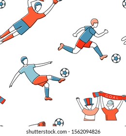 Soccer football world championship player game match soccer fans thin line icons seamless background pattern. Vector illustration doodles in linear simple style. White, blue, red colours