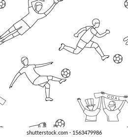 Soccer football world championship player game match soccer fans thin line icons seamless background pattern. Vector illustration doodles in linear simple style. White, black colours