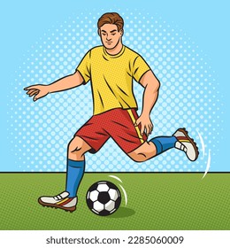 soccer footballer player kicks ball pinup pop art retro vector illustration. Comic book style imitation.