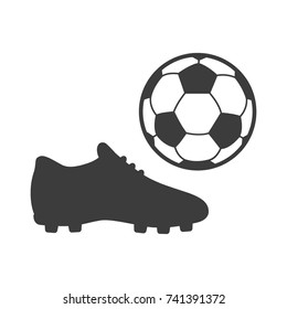 Soccer footwear and ball icon on white background. Bleck Vector illustration football boots.