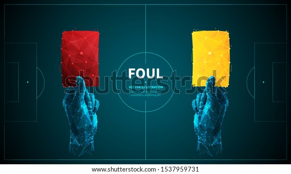 Soccer foul low poly wireframe vector banner\
template. Polygonal 3D referee hands holding red and yellow cards.\
Warning and disqualification. Football game rule illustration with\
connected dots