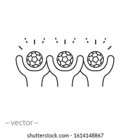 soccer fun team icon, football brotherhood, people friendship, groupe mans, raised hands, fans community, thin line web symbol on white background
