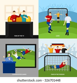 Soccer game 4 flat icons square composition with fans and tv  sport commentator abstract isolated vector illustration