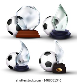 Soccer Game Award Set Vector. Football Ball, Glass Trophy. Tournament. Design For Sport Promotion. Sport Event Announcement. Banner Illustration