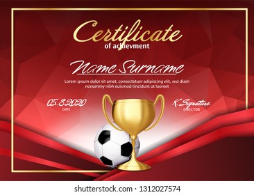 Soccer Game Certificate Diploma With Golden Cup Vector. Sport Vintage Appreciation. Modern Gift. Print Blank. A4 Horizontal. Illustration