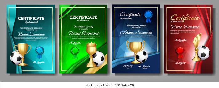 Soccer Game Certificate Diploma With Golden Cup Set Vector. Football. Sport Award Template. Achievement Design. A4. Graduation. Document. Champion. Best Prize. Winner Trophy. Template Illustration