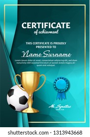 Soccer Game Certificate Diploma With Golden Cup Vector. Sport Vintage Appreciation. Modern Gift. Print Blank. A4 Vertical. Illustration
