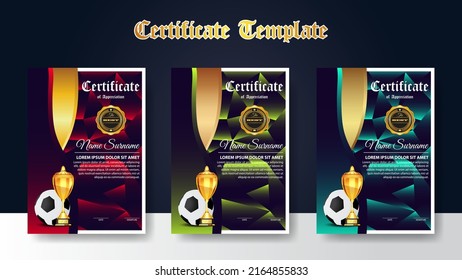 Soccer Game Certificate Diploma With Golden Cup Set Vector. Football. Sport Award Template. Achievement Design. Graduation. Document. Champion. Best Prize. Winner Trophy. Template Illustration