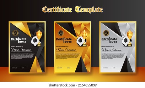 Soccer Game Certificate Diploma With Golden Cup Set Vector. Football. Sport Award Template. Achievement Design. Graduation. Document. Champion. Best Prize. Winner Trophy. Template Illustration