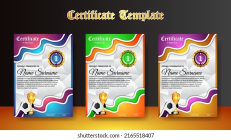 Soccer Game Certificate Diploma With Golden Cup Set Vector. Football. Sport Award Template. Achievement Design. Graduation. Document. Champion. Best Prize. Winner Trophy. Template Illustration
