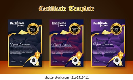 Soccer Game Certificate Diploma With Golden Cup Set Vector. Football. Sport Award Template. Achievement Design. Graduation. Document. Champion. Best Prize. Winner Trophy. Template Illustration