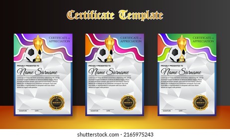 Soccer Game Certificate Diploma With Golden Cup Set Vector. Football. Sport Award Template. Achievement Design. Graduation. Document. Champion. Best Prize. Winner Trophy. Template Illustration