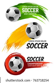 Soccer Game Championship Ball Icon Or Banners For Football Fan Club Or College League Cup Tournament Poster Design Template. Vector Soccer Ball Flying Flying To Goal With Team Flag Color Splash Trail