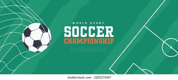 Soccer game championship event web banner template background. Modern hand drawn cartoon illustration for online cup invitation or special tournament competition match.