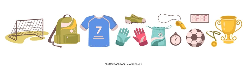 Conjunto de fanáticos del campeonato de juego de fútbol. Camiseta de portería y equipo de Vector, silbato y pelota, copa y medalla de torneo, mochila y guantes, zapato y temporizador, marcador digital. Atributos de coincidencia de competencia