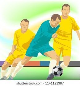 Soccer game composition.
Three players fight for the ball. Game situation.