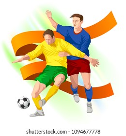 Soccer game composition.
Two players fight for the ball. Game situation.