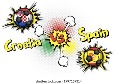 Soccer game Croatia vs Spain. Football tournament match 2020. Postponed to 2021. Pop art style. Design pattern. Vector illustration