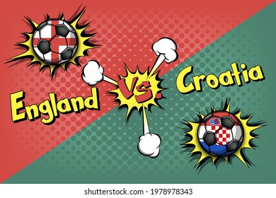 Soccer game England vs Croatia. Football tournament match 2020. Postponed to 2021. Pop art style. Design pattern. Vector illustration