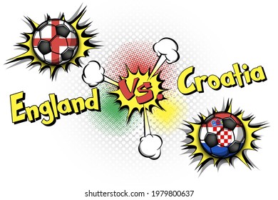Soccer game England vs Croatia. Football tournament match 2020. Postponed to 2021. Pop art style. Design pattern. Vector illustration