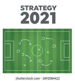Soccer game. Football field and players. Strategy and teamwork chalkboard