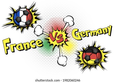 Soccer game France vs Germany. Football tournament match 2020. Postponed to 2021. Pop art style. Design pattern. Vector illustration