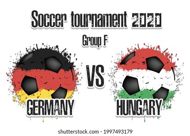 Soccer game Germany vs Hungary. Football tournament match 2020. Postponed to 2021. Grunge texture. Design pattern. Vector illustration