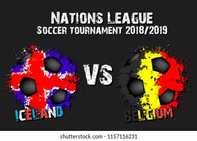 Soccer game Iceland vs Belgium. Football tournament match 2018. Vector illustration