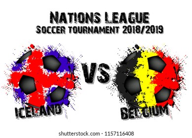 Soccer game Iceland vs Belgium. Football tournament match 2018. Vector illustration