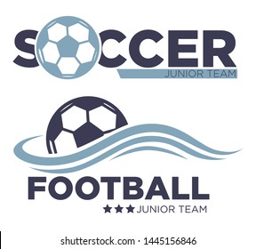 Soccer game isolated icons football sport championship vector ball tournament or competition prize and award sporting equipment emblems or logo with lettering junior team match or entertainment.