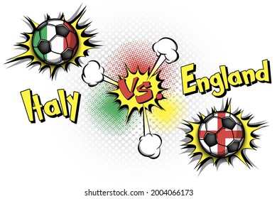 Soccer game Italy vs England. Football tournament match 2020. Postponed to 2021. Pop art style. Design pattern. Vector illustration