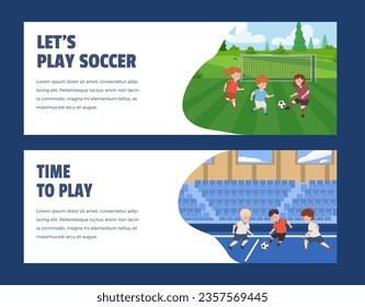 Soccer game for kids, advertising banners set, flat vector illustration. Football school for children. Happy boys and girls running and kicking ball.