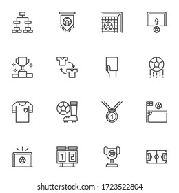 Soccer game line icons set, outline vector symbol collection, linear style pictogram pack. Signs, logo illustration. Set includes icons as corner kick, player substitution, football field, goal, ball