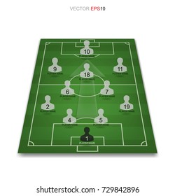 Soccer game player tactics plan on green field. Planning position for coach. Vector illustration.