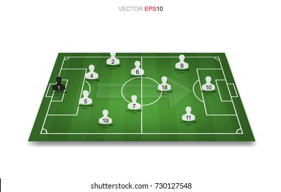 Soccer game player tactics plan on green field. Planning position for coach. Vector illustration.