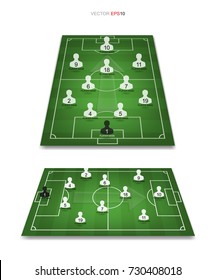 Soccer game player tactics plan on green field. Planning position for coach. Vector illustration.