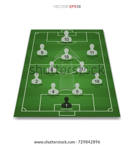 Soccer game player tactics plan on green field. Planning position for coach. Vector illustration.