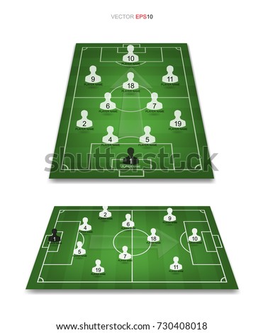 Soccer game player tactics plan on green field. Planning position for coach. Vector illustration.