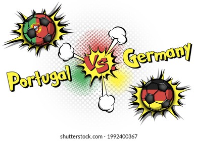 Soccer game Portugal vs Germany. Football tournament match 2020. Pop art style. Design pattern. Vector illustration
