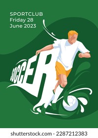 Soccer game poster. Athlete on the background of large text and splashes. Green flyer design. Vector flat illustration